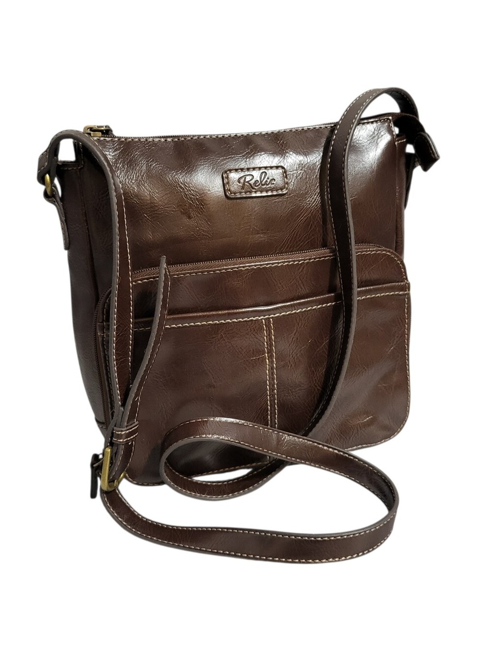 Relic Crossbody Bag Purse Brown Faux Patent Leather Organizer Multi Pocket